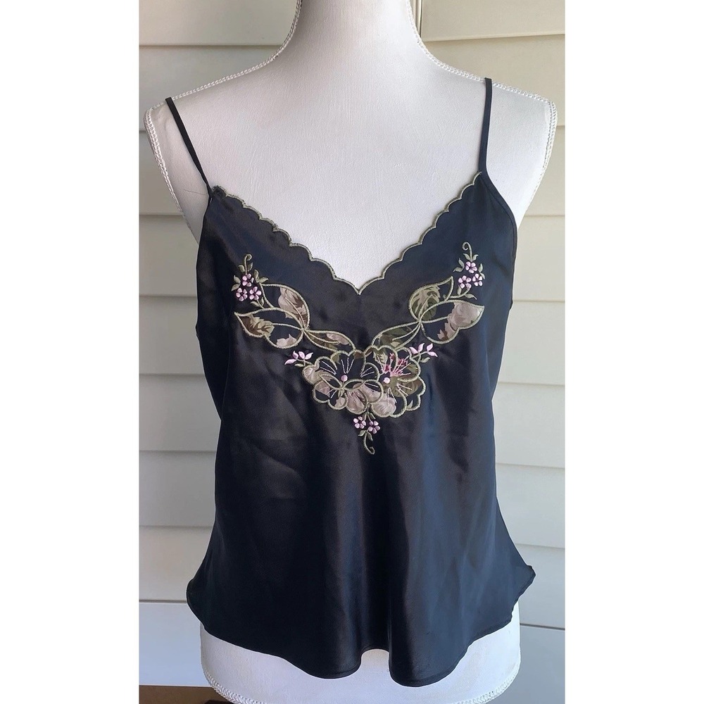 Y2K Black Satin Silky Cami Floral Embroidered Going Out Top Coquette M Crop READ